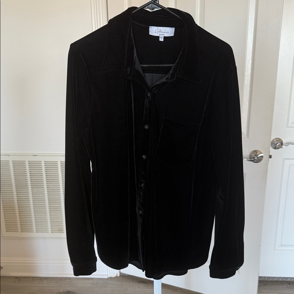 Black Velvet Button-Up Shirt